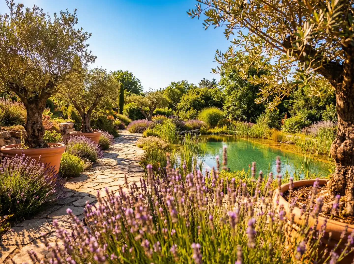 Mediterrane Gartengestaltung mit Naturpool und Lavendelbepflanzung