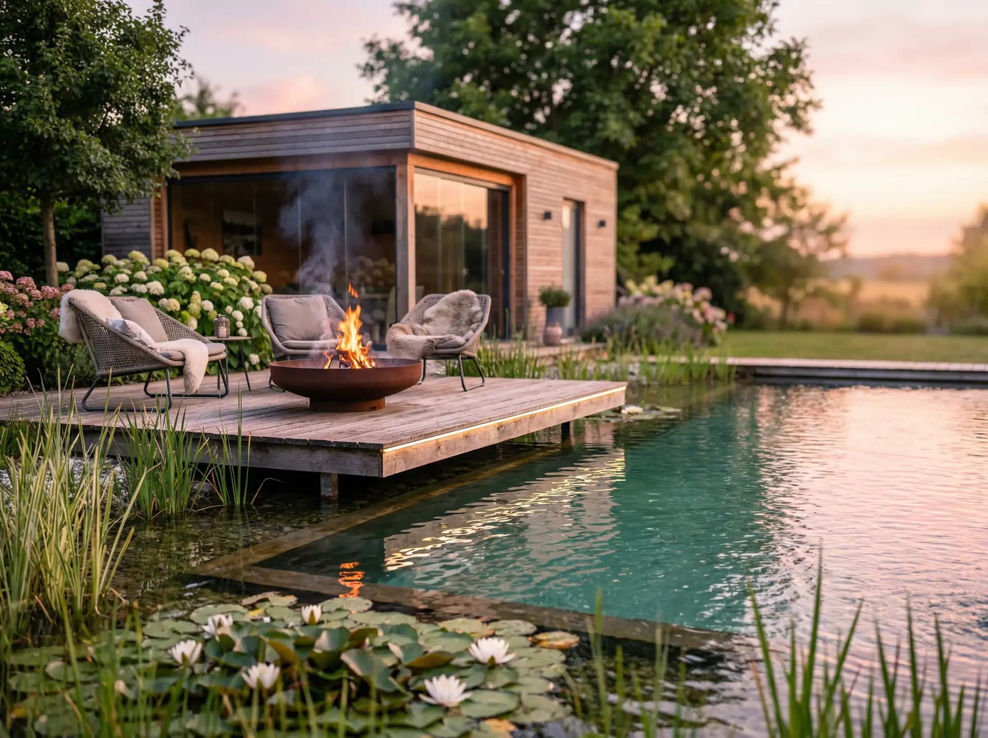 Naturpool mit Holzterrasse und moderner Gartenlounge