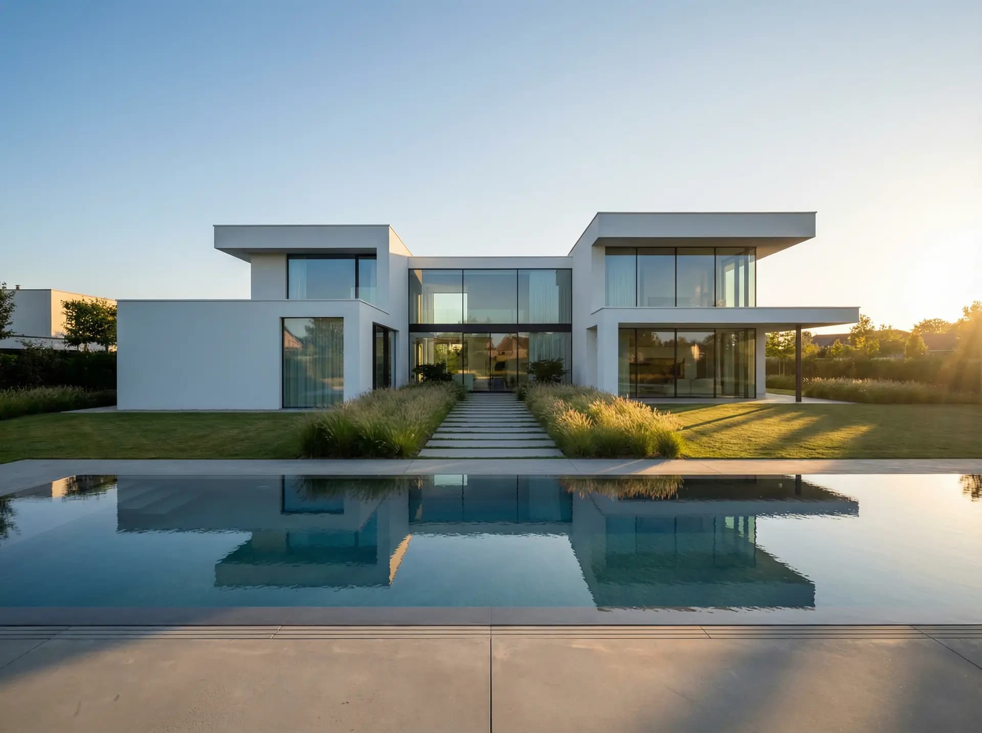 Einfamilienhaus mit Pool und Holzterrasse, fotorealistische Visualisierung als Grundlage für ein Poolbau-Angebot