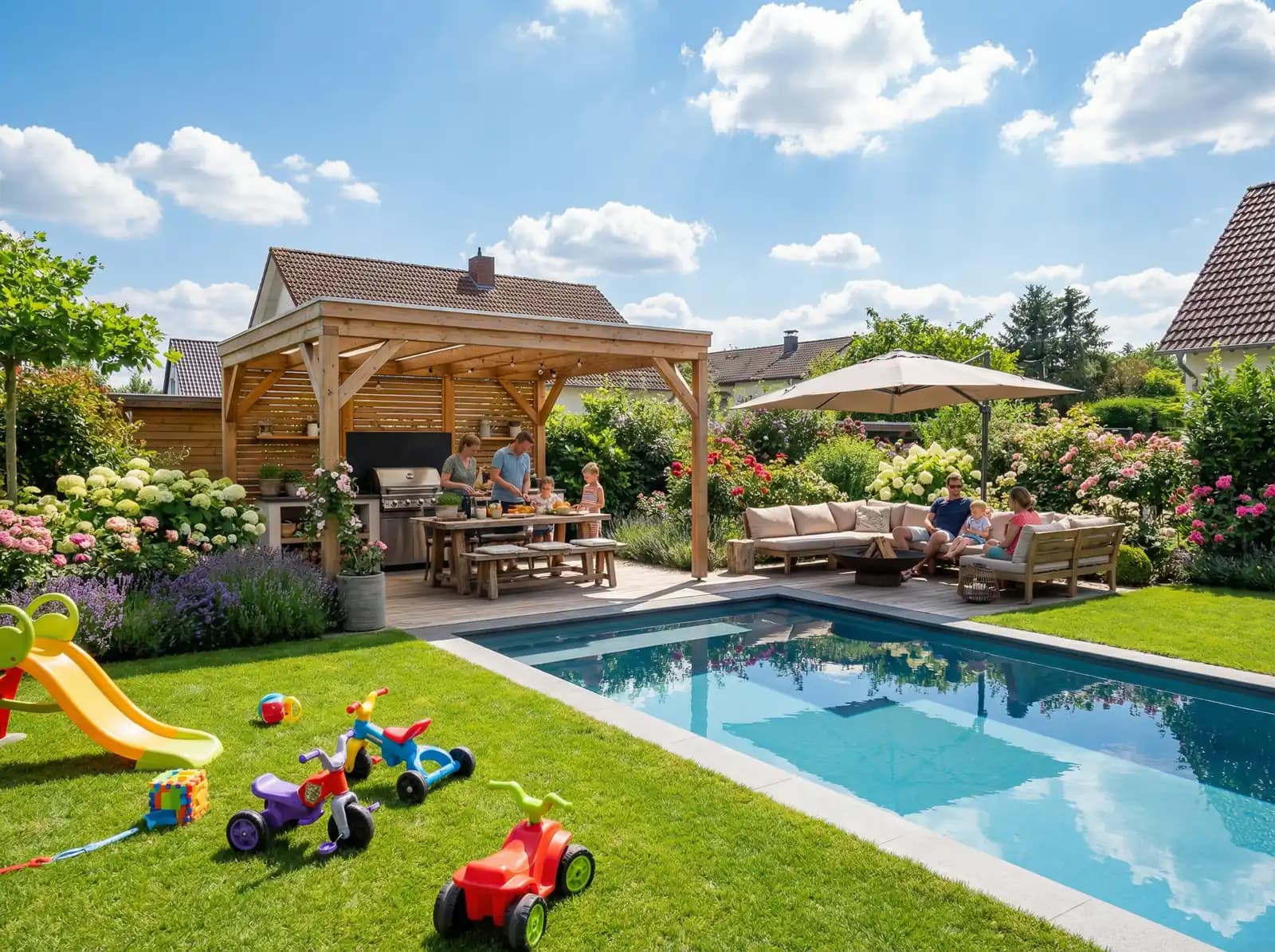 Familiengarten mit Pool und Outdoor-Küche — auraQuote Demo