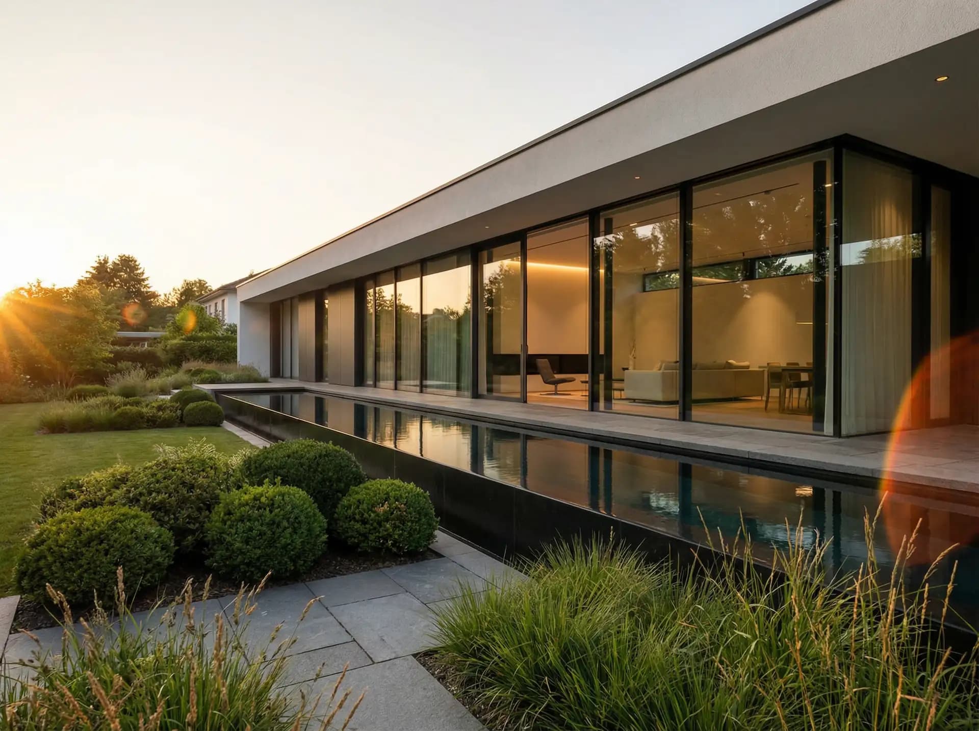 Moderne Gartenanlage mit Wasserbecken und Naturstein — auraQuote Angebotserstellung