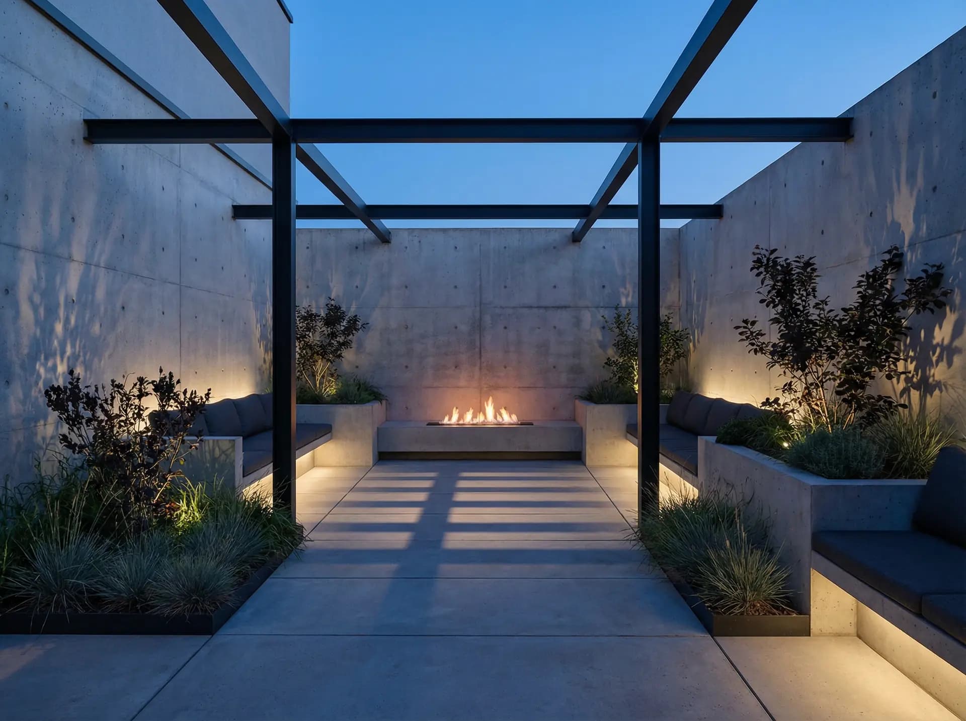 Moderner Innenhof mit Feuerstelle und Betonarchitektur