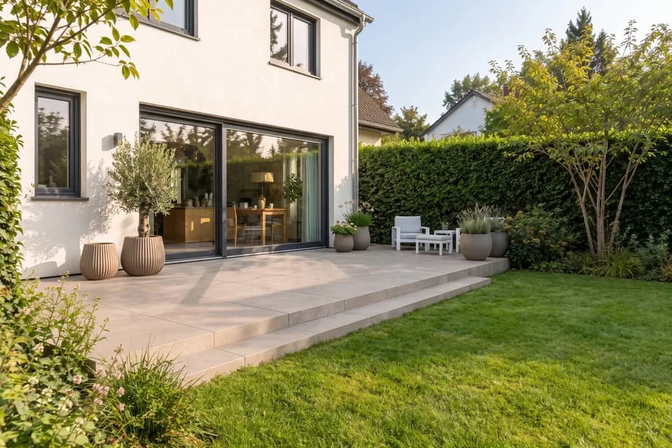 Gartenentwurf mit Terrasse und Pflanzflächen aus auraVision